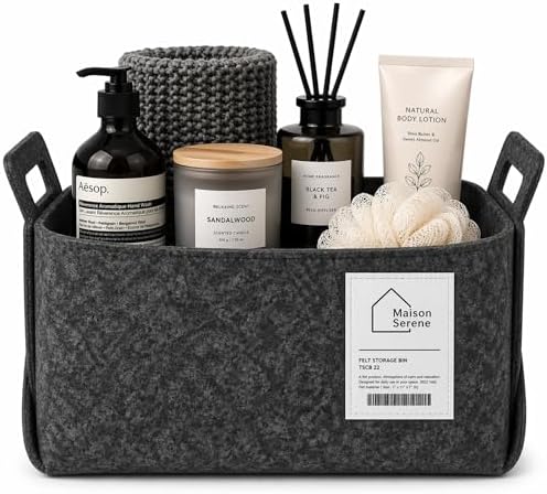 Charcoal Felt Storage Basket with Handles, Foldable Fabric Bin Organizer | Collapsible Decorative Basket for Shelves, Closets, Toys & Nursery – Versatile Fabric Bin for Home, Bedroom and Playroom