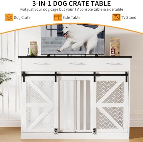 48" Dog Crate Furniture with Storage, Heavy Duty Dog Kennel Indoor with Divider for Small, Medium and Large Dogs, Large Dog Cage with Sliding Barn Door, Decorate House as TV Stand, End Table