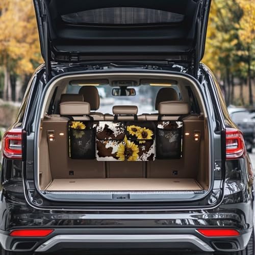 Dreaweet Sunflower Brown Cow Print Car Trunk Organizer for Sedan Collapsible Backseat Trunk Organizer Large Capacity Car Storage Bag with 4 Pocekt,Car Organizers and Storage Trunk for SUV Truck Van