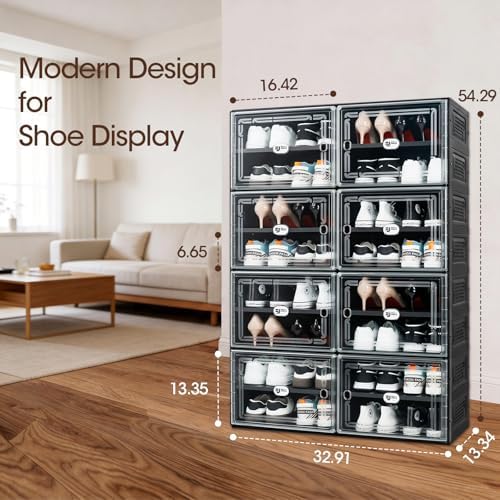 Black Shoe Storage Cabinet for 32 Pairs with Magnetic Clear Doors | Tool-free Assembly, Foldable Shoe Rack, Reinforecd Structure, Anti-Tiping, Furniture for Shoe Organizer, Closet, Garage