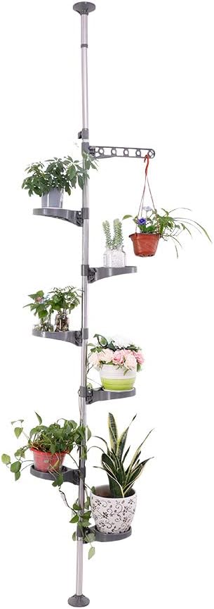 BAOYOUNI 7-Tier Plant Pole Tension Rod Expandable Flower Stand Grey | Adjustable 7.5-9.5ft Corner Storage Shelf,6 Trays + Hanger，360° Rotating Plant Display Rack ,No Tools Assembly