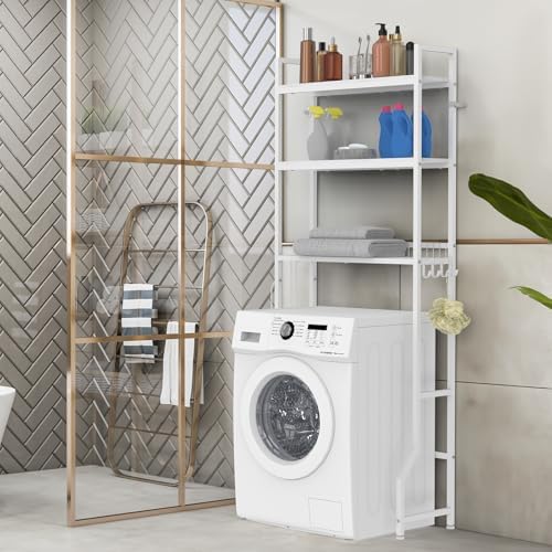 Over Toilet Bathroom Organizer with Toilet Paper Holder | White Over the Toilet Shelf, Over the Toilet Storage Cabinet, Heavy Duty Metal 3 Tier Bathroom Organizer Shelf with 3 Hooks