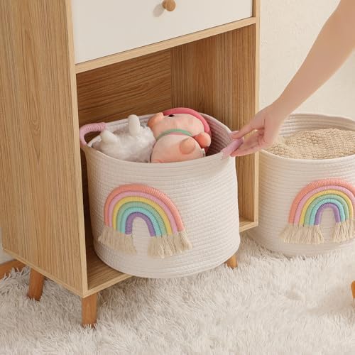 Toy Storage Baskets Woven Cotton Rope Storage Basket with Rainbow Decor for Kids, Blanket Baskets for Living Room Toys Organizer Rainbow Baby Gifts Basket with Handle for Girls Nursery Playroom