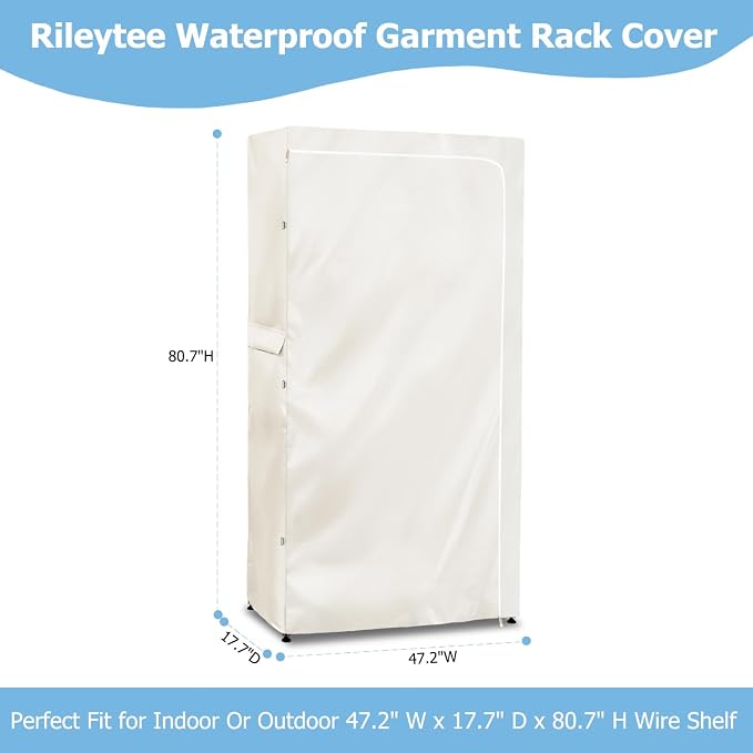Rileytee Garment Rack Cover,600D Heavy Duty Waterproof Clothing Rack Cover,Clothes Rack Cover with Zipper for Metal Garment Rack(White,47.2"W x 17.7"D x 80.7"H,Cover Only）