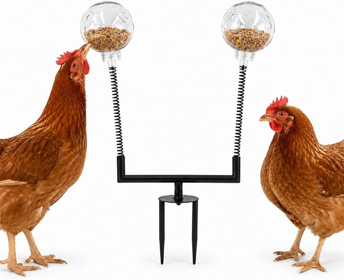 Chicken Treat Dispenser Toy, 15.7-Inch Dual-Spring Slow Feeder with 2 Clear Pecking Balls and Ground Stake, 360-Degree Rotating Enrichment Toy for Hens and Backyard Chickens