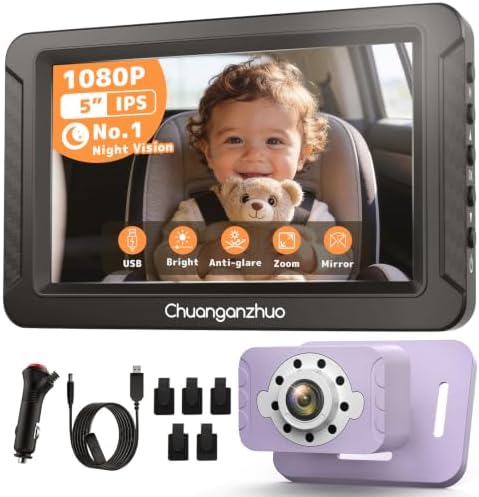 S100C Baby Car Camera USB Powered, Crystal Clear Auto IR Night Vision in Total Dark, Adjust Brightness & 1080P 5" IPS Monitor, 3X Zoom & 360° Rotating Carseat Camera for Rear or Forward-Facing Infant