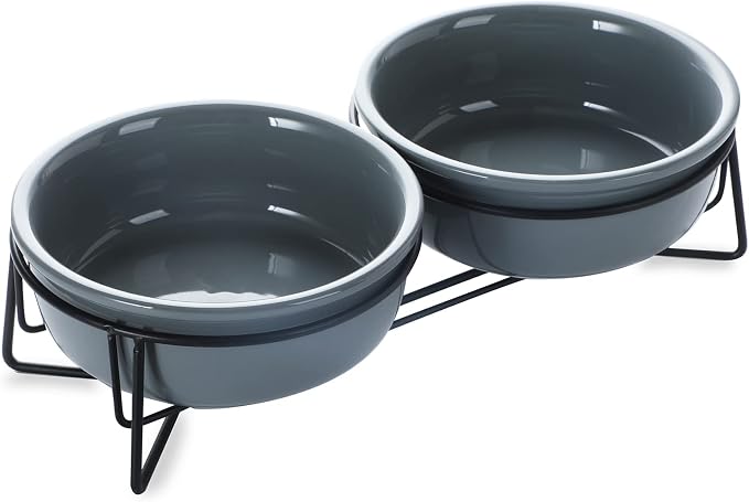 GDCZ Elevated 15 Oz Ceramic Double Cat Bowls with 11.6x2.5 Inch Stand (Grey)