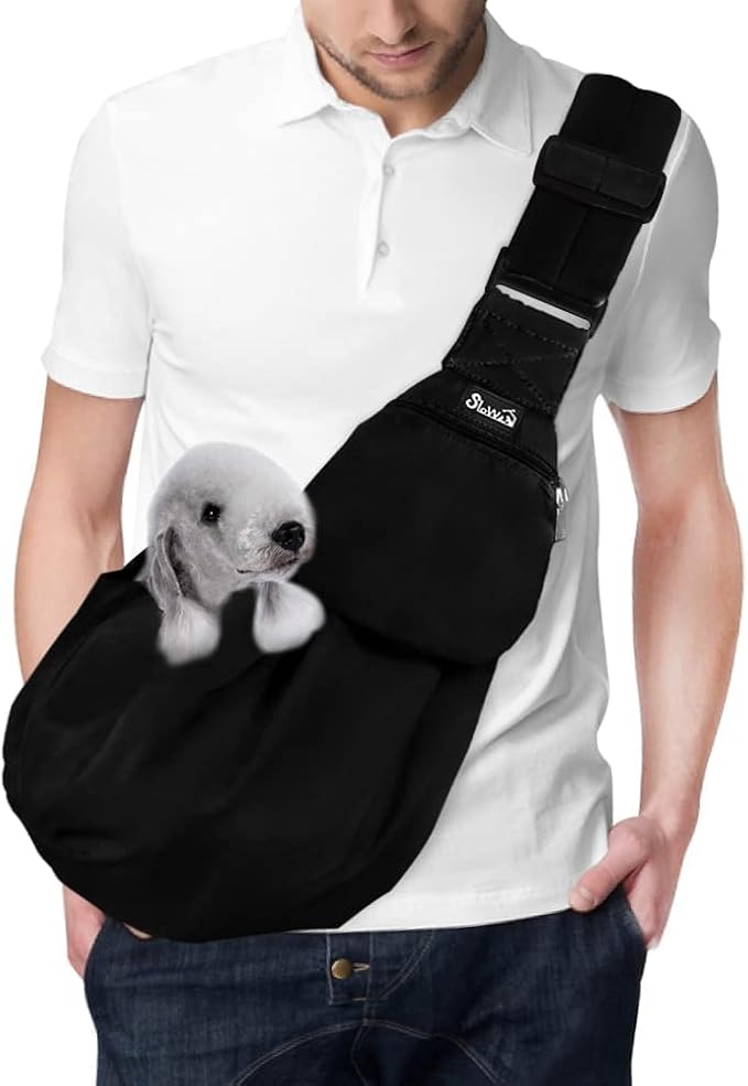 Lukovee Pet Sling, Puppy Small Pet Cat Carrier with Safety Hook | Hands-Free,Padded Strap, Breathable, Adjustable, Storage Pocket, Tote Bag Shoulder Bag with Front Pocket (Black, L)