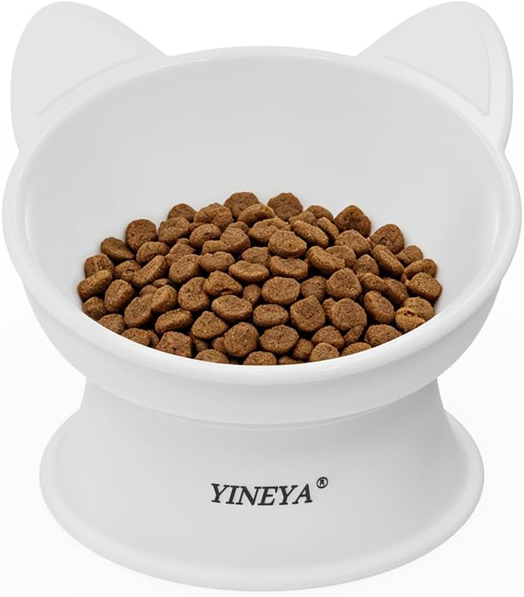 YINEYA Cat Bowls, Cat Food Bowl Elevated to Protect Neck & Anti-Vomit, Whisker-Friendly Raised Food & Water Bowls for Indoor Cats/Small Dogs, Cute Pet Feeding Bowl 6 OZ Each, Dishwasher Safe, White
