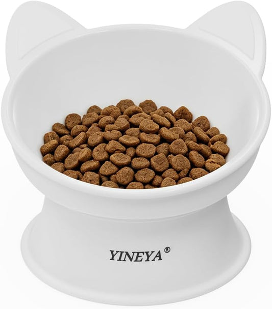 YINEYA Cat Bowls, Cat Food Bowl Elevated to Protect Neck & Anti-Vomit, Whisker-Friendly Raised Food & Water Bowls for Indoor Cats/Small Dogs, Cute Pet Feeding Bowl 6 OZ Each, Dishwasher Safe, White