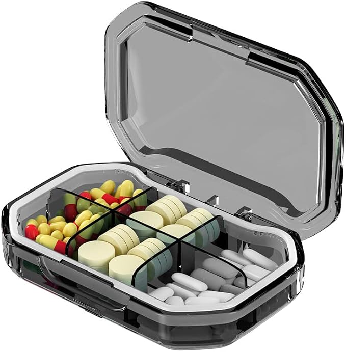 Weekly Pill Box Organizer, Small Size Daily Pill Case Dispenser | Travel Cute Medicine Planner Holder for Vitamins, Medication, Supplements, Fish Oil, Pastillas, Meds Reminder Keeper, Grey
