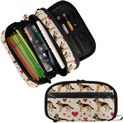 JUNZAN PVC Pencil Case German Shepherd Love Heart Pet | Full Polyester & PVC Double Zipper Office Organizer Multi-compartment
