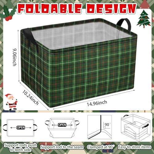 Chunful 4 Pack Christmas Tartan Plaid Storage Baskets for Gifts Collapsible Green Tartan Decorative Laundry Storage Bins Foldable Box with Handles for Home Bedroom Office Holiday Clothes Containers