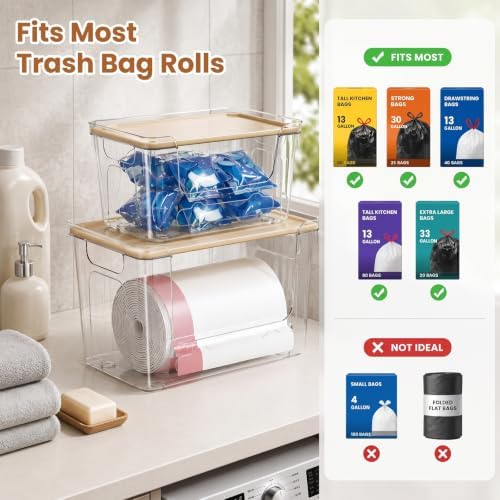 Trash Bag Dispenser, 6 Pack, 3 Large and 3 Small Clear PET Bins | Three large and three small BPA-free PET bins fit bag rolls up to 6.7 and 5.9 in wide for kitchen and laundry storage