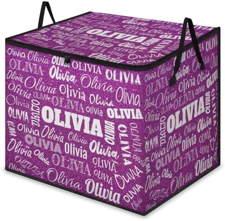 Personalized Name Large Storage Basket with Lid, Canvas Storage Bins Quilt Clothes Organizer for Bedroom, Kitchen, Bathroom, Nursery, Shelves, Closets, Dark Magenta Purple Glittering Bling