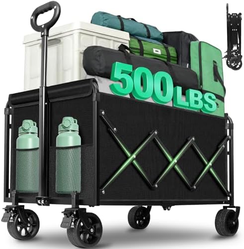 Folding Wagon Cart with All-Terrain Wheels – Heavy Duty Collapsible Utility Wagon for Grocery, Sports, Garden, Camping, Shopping (Black 500LBS)