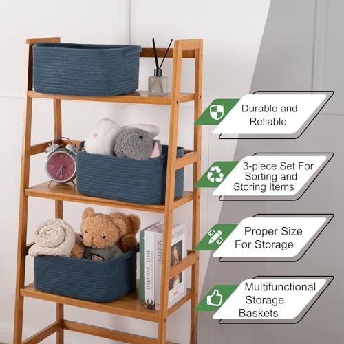 OIAHOMY 3 Pack Storage Baskets for Shelves Cotton Rope Storage Bins Blue | Woven Baskets for Storage Nursery Storage Basket with Handles Baskets for Organizing Small Baskets Gift Baskets Empty