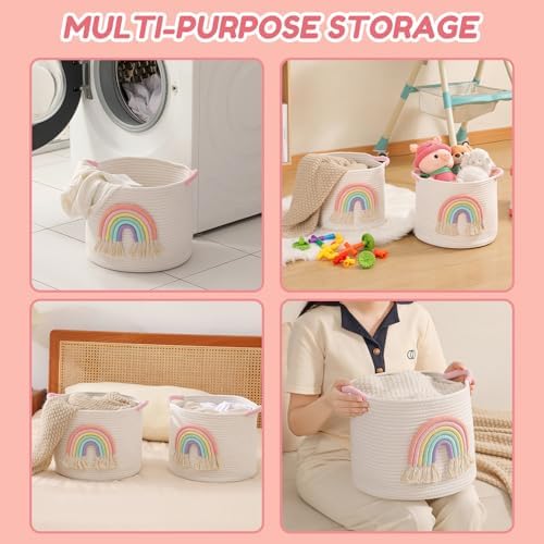 Toy Storage Baskets Woven Cotton Rope Storage Basket with Rainbow Decor for Kids, Blanket Baskets for Living Room Toys Organizer Rainbow Baby Gifts Basket with Handle for Girls Nursery Playroom