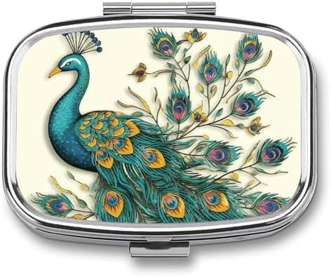 Pill Organizer, Portable Pill Box, Travel 7 Day Pillcase Peacock Pattern Medicine Organizer 2 Compartments Medicine Container for Vitamins, Medications, Fish Oil and Supplements
