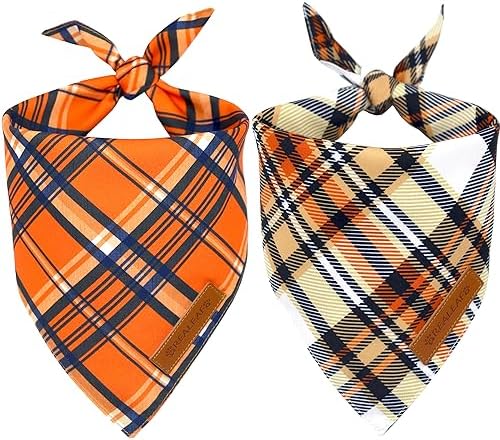 Realeaf Fall Dog Bandanas 2 Pack, Reversible Orange Plaid Holiday Pet Scarf for Boy and Girl, Premium Durable Fabric, Halloween Thanksgiving Bandana for Medium and Large Dogs (Large)