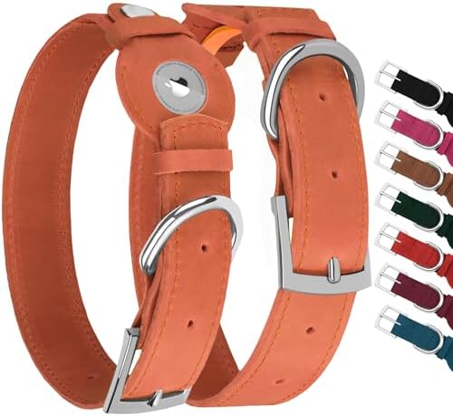 Leather Dog Collar with Airtag Holder - Apple Air Tag Dog Collars - Soft Tracking GPS Pet Collar for Small Medium Large Dogs Breed Puppy (Tawny, S, 9"-12" Neck Fit)