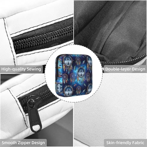 Ladies Sanitary Pad Storage Bag Space Wolf Dreamcatcher, Portable Polyester Period Pouch, Holds Tampons Panty Liners Menstrual Cup for Outdoor