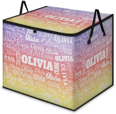 Custom Comforters Storage Basket with Lid, Personalized Name Large Organizer Bin for Pet/Children Toys, Books, Clothes, Perfect for Rooms/Playroom, Gradient Colorful Purple Yellow Red Glittery