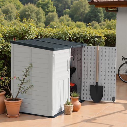 TUOZE 34 Cu Ft Resin Storage Shed, Waterproof Outdoor Storage Cabinet with Sloping Roof & Lockable Lid for Garden Tools, Trash Cans (Beige)