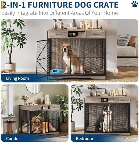 Dog Crate, Heavy-Duty Dog Crate Furniture Storage Table, Double Doors Dog Kennel Indoor Easy Access, Removable Tray Small Dog Crate Dog Kennel Furniture for Home, Vintage Brown/Black 44-Inch