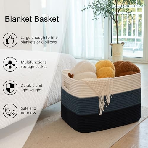 OIAHOMY 118L Extra Large Blanket Basket Cotton Rope Storage Basket Blue | 5" x 17" x 16", Rectangular Baskets Living Room,Used for storing Dirty Clothes, Toy Storage for Nursery Brown Black