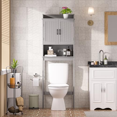 Yardenaler Over-The-Toilet Storage Shelf with Doors, Bathroom Freestanding Organizer Space Saver with Adjustable Shelf, Gray