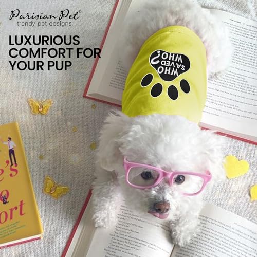 Parisian Pet Dog Shirt – 100% Cotton Shirts for Large Dogs - Sleeveless Yellow Puppy Vest with Paw Print – Breathable Pet Apparel – Pullover Summer Dog Clothes - Stretchy Funny T Shirts for Dogs