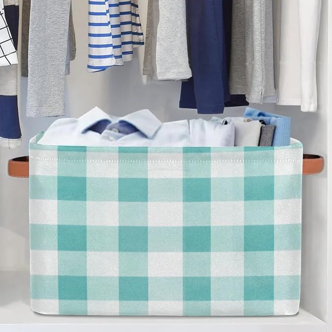 Teal Gingham Storage Boxes Theme Storage Nursery Baskets with Handle Closet Collapsible Organizer Shelf Bins for Book Cloth 15X11X9.5 IN