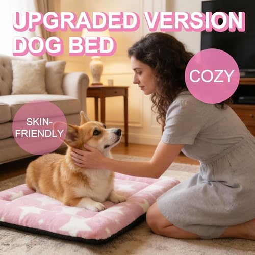 Washable Dog Bed Mat With Anti-Slip Bottom, Deluxe Plush Memory Foam Crate Pad & Waterproof Outdoor Kennel Mat For Dogs & Cats-Durable Crates Beds, Large Medium Small Puppy Size 24" x 18",pink