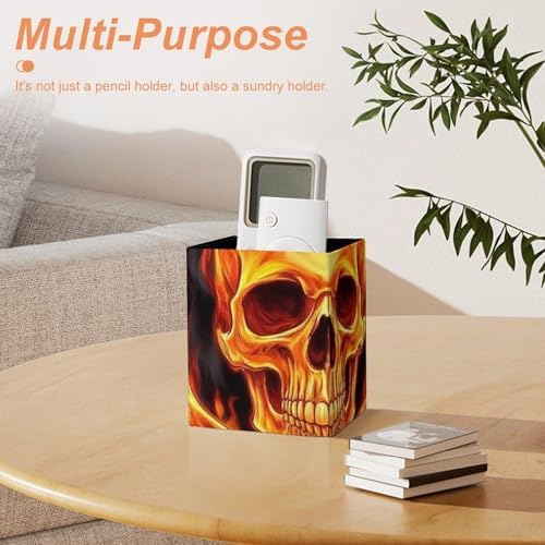 Cute Desktop Stationery Organizer Makeup Brush Cup Fire Flaming Skull Crossbones Leather Pen Holder