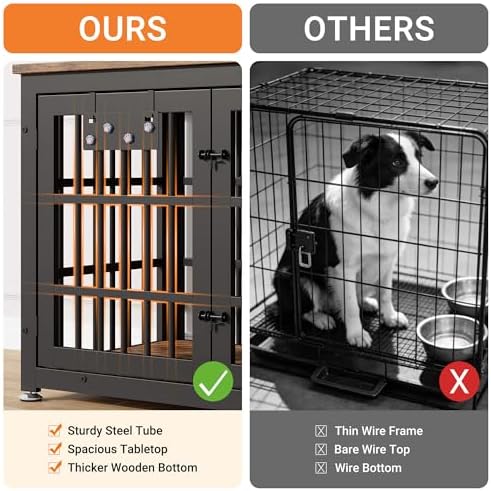 YaFiti 37.8" Dog Crate Furniture, Wooden Dog Kennel with Bowl, Rustic Brown | Adjustable Feeder, Name Tag, for Small/Medium Dogs, Chew-Resistant, Heavy Duty, Side End Table, Decorative Pet Cage