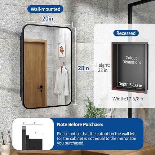 ACEMIRO 20x28 Inch Black Recessed Bathroom Medicine Cabinet with Mirror Metal Framed Farmhouse Surface Wall Mounted Mirrored Bathroom Medicine Cabinets