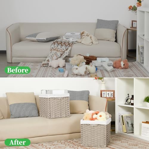 Bidtakay Wicker Baskets for Shelves Waterproof Imitation Wicker Cube Storage Bins with Liners for Organizing Closet Cabinet 2-Pack 11x11 inch Storage Cube Organizer for Pantry-Greyish Beige