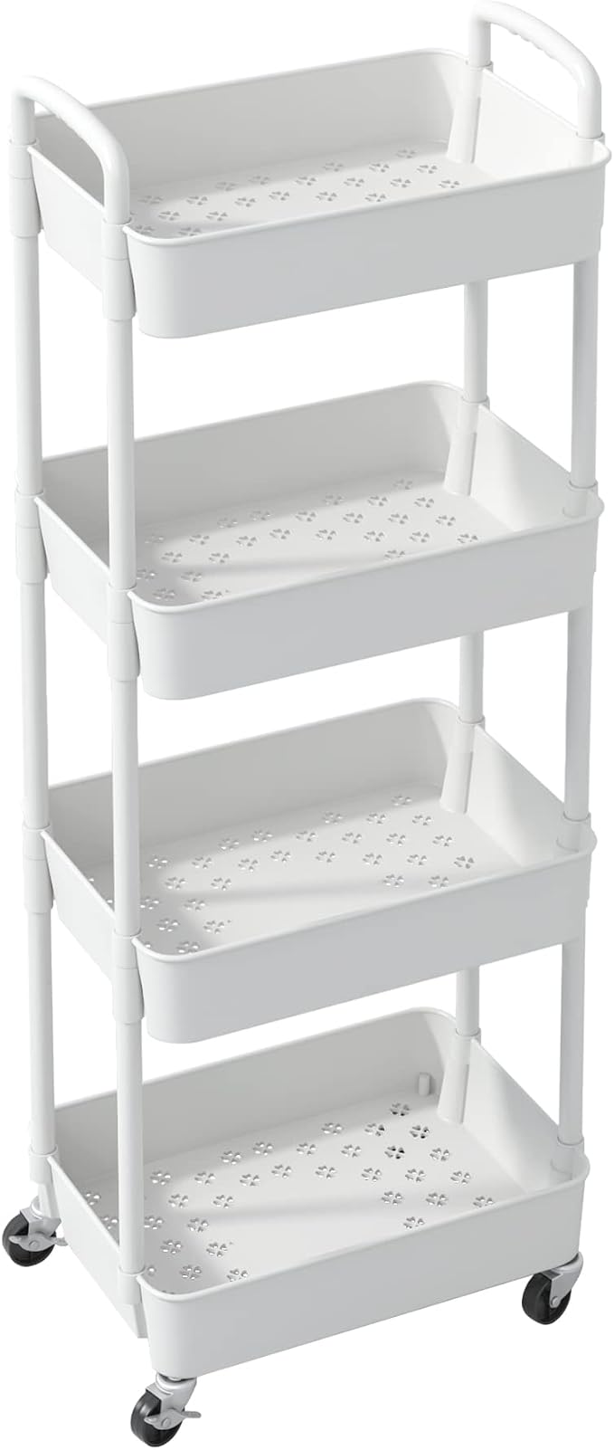 Sywhitta 4-Tier Plastic Rolling Utility Cart with Handle, Multi-Functional Storage Trolley for Office, Living Room, Kitchen, Movable Storage Organizer with Wheels, White (Pack of 2)