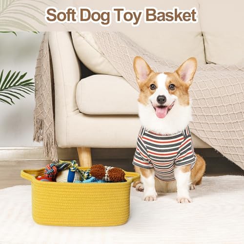 Cute Yellow Gift Basket, Woven Baskets for Gifts Empty, Cotton Rope Storage Bin for Organizing, Cat Dog Toy Box, Baby Nursery Organizer, Wicker Easter Basket with Handle, Yellow Room Decor