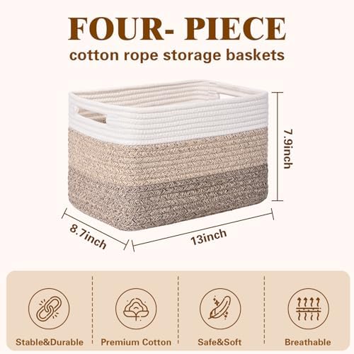 Storage Baskets for Organizing, 4 Pack Baskets for Shelves, Decorative Storage Bins for Shelves, Cotton Rope Storage Basket with Handles, Woven Basket for Storage, 13''Lx8.7''Wx7.9''H, Gradient Brown