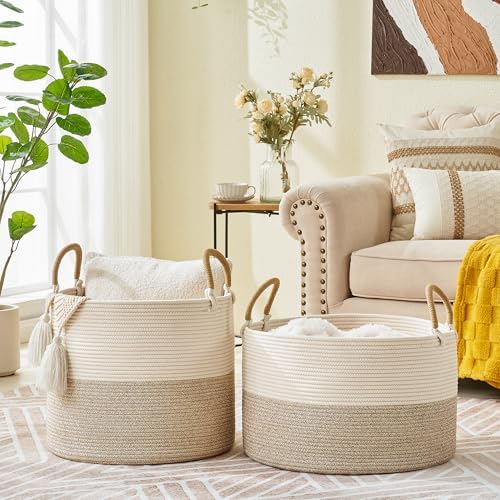 KAKAMAY Large Blanket Basket (18"x18"x16"), Woven Baby Laundry Hamper for Storage, Cotton Rope Basket for Nursery, Laundry, Living Room, Pillows, Baby Toy Chest with Handles (Black Stripes)