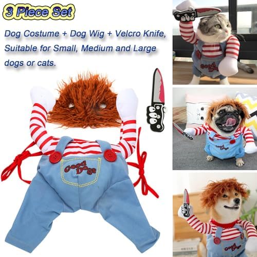 Pet Deadly Doll Costume, Novelty Dog Halloween Cosplay Funny Outfit, Cute Clothes for Small Medium Large Dogs, Cats & Puppies, Christmas Party Costume Cool Scary & Spooky Apparel (XL)