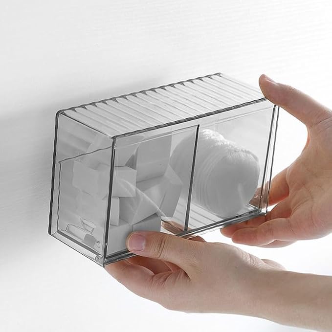 ULTECHNOVO Wall Mounted Cotton Swab Dispenser Transparent Pet | Wall Storage Organizer Box with Lid Wall Mounted Storage Box for Cotton Balls Pads Hair Ties Bathroom and Office