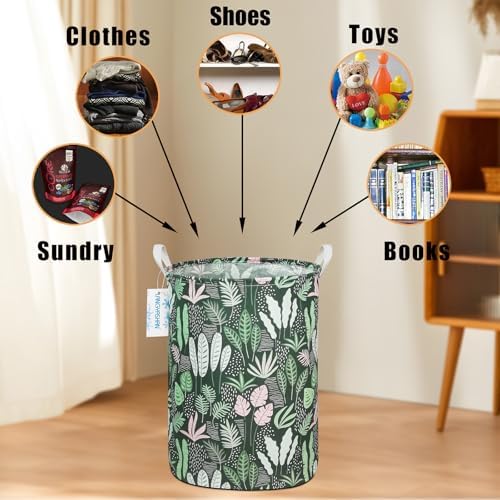 Round Laundry Basket Collapsible Storage Hamper Organizer Full Leaf | Waterproof Canvas Foldable Baskets with sturdy Handles Multi-scene Organizer for Home Play Bedroom Gift Bin