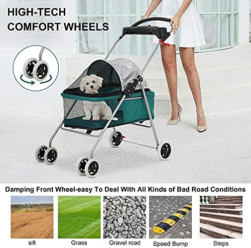 Meet Perfect Pet Stroller for Small/Medium Dogs & Cats, Foldable | Waterproof fabric helps protect pets during outdoor travel; Mesh panels provide ventilation and visibility.