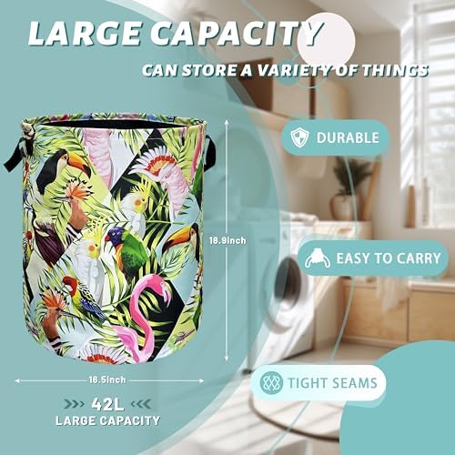 Tropical Birds Laundry Basket Foldable Oxford Cloth Hamper 18.9" x1 6.5"