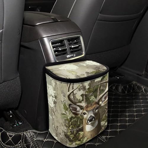 DISNIMO Hunting Camo Deer Car Trash Can with Lid Collapsible Reusable Car Garage Bag Trash Bin, Automotive Garbage Can,Car Accessories Interior Car Organizer, Black