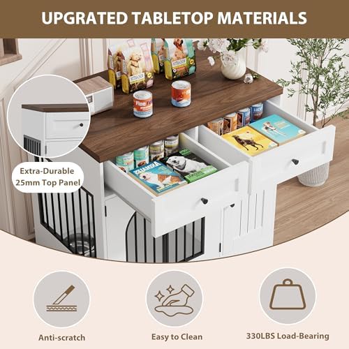 Garvee Multi-Functional Dog Crate Furniture, 37 Inch Wooden Dog Crate with Storage & 360° Rotating Bowls, Dog Kennel Furniture for Small to Large Breeds