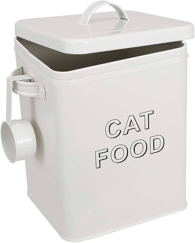 Morezi Metal Cat Food Container with Scoop 5-7 lb, Airtight Pet Food Bin | 25 Cups Cat Kibble Canister with Food Scoop, Sturdy Iron Body, Powder Coated, Airtight Bamboo Lid, Two Side Handle-White